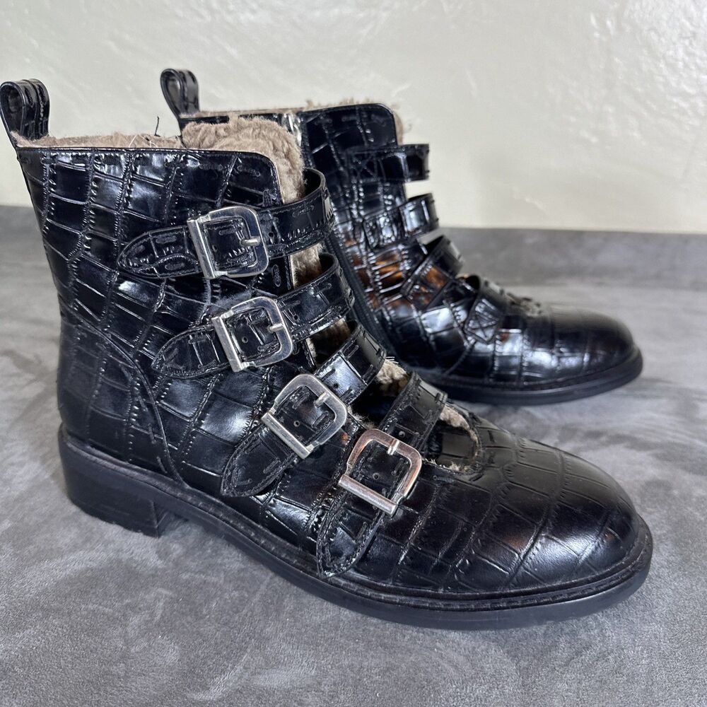 Aerosoles Croc Buckle Black Ankle Boots Goth Punk Zip Fur Lined Leather